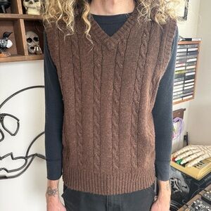 Vintage 80s Gap Heather Brown Wool Blend Cable Knit Sweater Vest ~ Size M